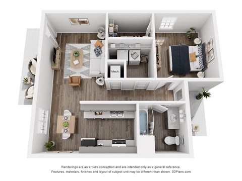 Floor plan for 1 bed, 1 bath, 890 sqft